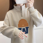 卫衣女秋冬新款 大码 加绒oversize显瘦polo领无帽半拉链宽松上衣女