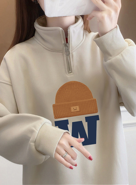 卫衣女秋冬新款大码加绒oversize显瘦polo领无帽半拉链宽松上衣女