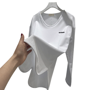 加绒打底衫女秋冬白色内搭不规则t恤中长款遮屁股上衣设计感小众