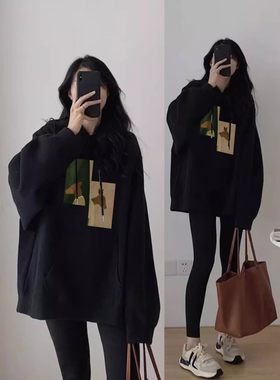 美式复古oversize卫衣女秋冬黑色大码连帽加绒显瘦韩版宽松上衣女