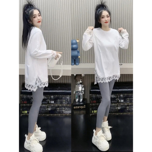 t恤遮屁股独特漂亮上衣 长袖 纯棉白色打底衫 女圆领蕾丝内搭中长款