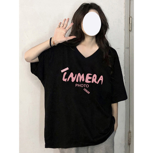 美式 黑色短袖 t恤女夏季 v領純棉寬松半袖 胖mm顯瘦上衣 復古潮牌大碼