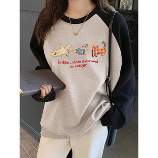 大版灰色卫衣女款2026新款无帽宽松大码宽松初中生插肩袖加绒上衣