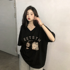 纯棉黑色t恤女2025新款短袖大码胖mm显瘦遮肚子宽松慵懒风v领上衣