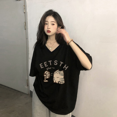 短袖女大码胖mm显瘦遮肚子v领
