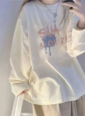 长袖白色t恤女纯棉内搭加绒打底衫oversize圆领韩版宽松上衣女潮