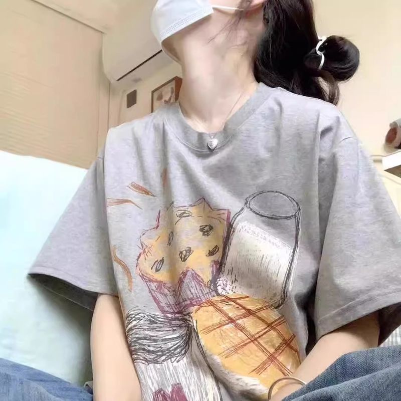 纯棉短袖女t恤夏宽松慵懒风大码