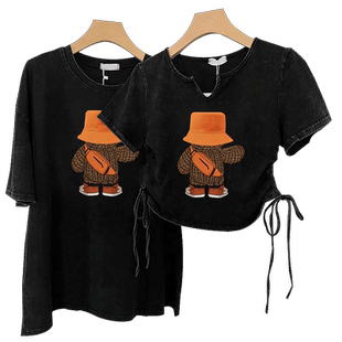 情侣装t恤v领正肩短袖女夏季修身水洗做旧辣妹不规则绑带短款上衣