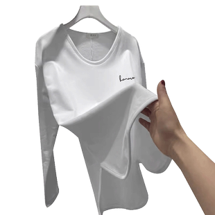 加绒打底衫女白色内搭秋冬宽松中长款大码胖mm长袖上衣女2026新款