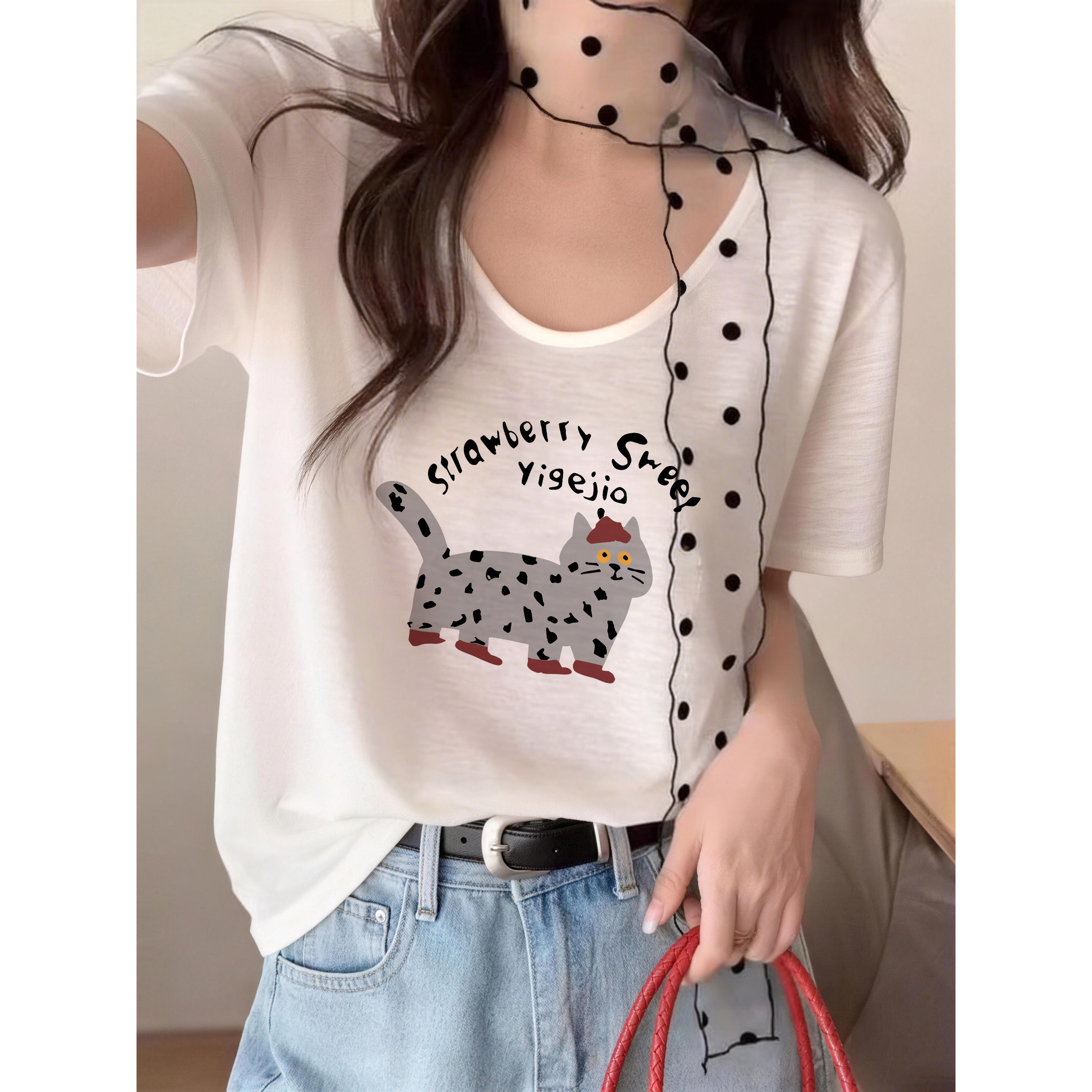 竹节棉v领白色短袖t恤女2026新款休闲宽松显瘦遮肉薄款上衣女夏季