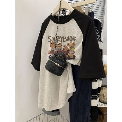 纯棉拼接插肩短袖大码女胖mm