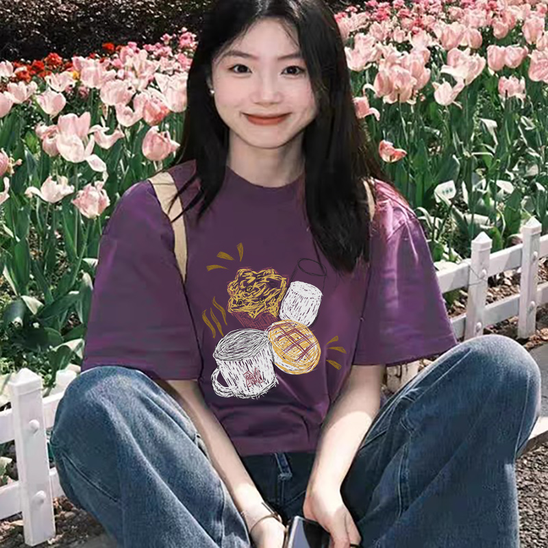 短袖t恤女2025新款纯棉显瘦大码女装胖mm宽松慵懒风夏季紫色上衣
