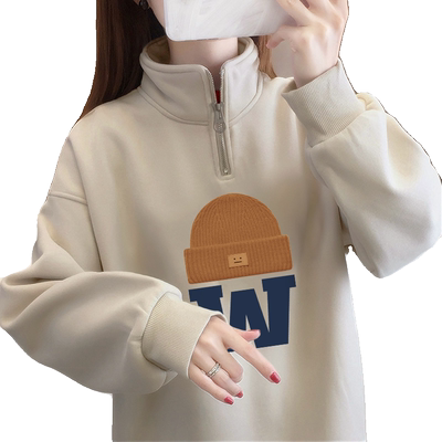 polo领无帽半拉链宽松上衣女