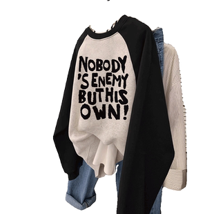 美式复古卫衣女2026新款爆款秋冬插肩加绒大码宽松无帽设计感上衣