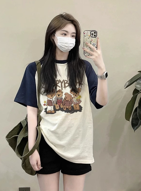 短袖t恤女2026新款夏季插肩袖纯棉宽松拼接大码显瘦上衣设计感潮