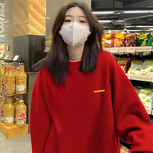 宽松上衣本命年蛇年衣服潮 女装 红色卫衣女秋冬款 加绒无帽显瘦大码