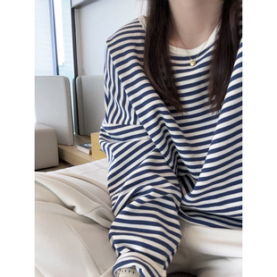 宽松oversize慵懒风早秋上衣长袖 女装 大码 蓝条纹薄卫衣女2025新款
