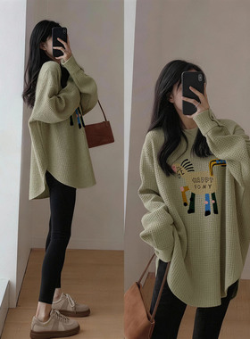 华夫格加绒打底衫女内搭长袖t恤配鲨鱼裤的中长款上衣遮屁股洋气