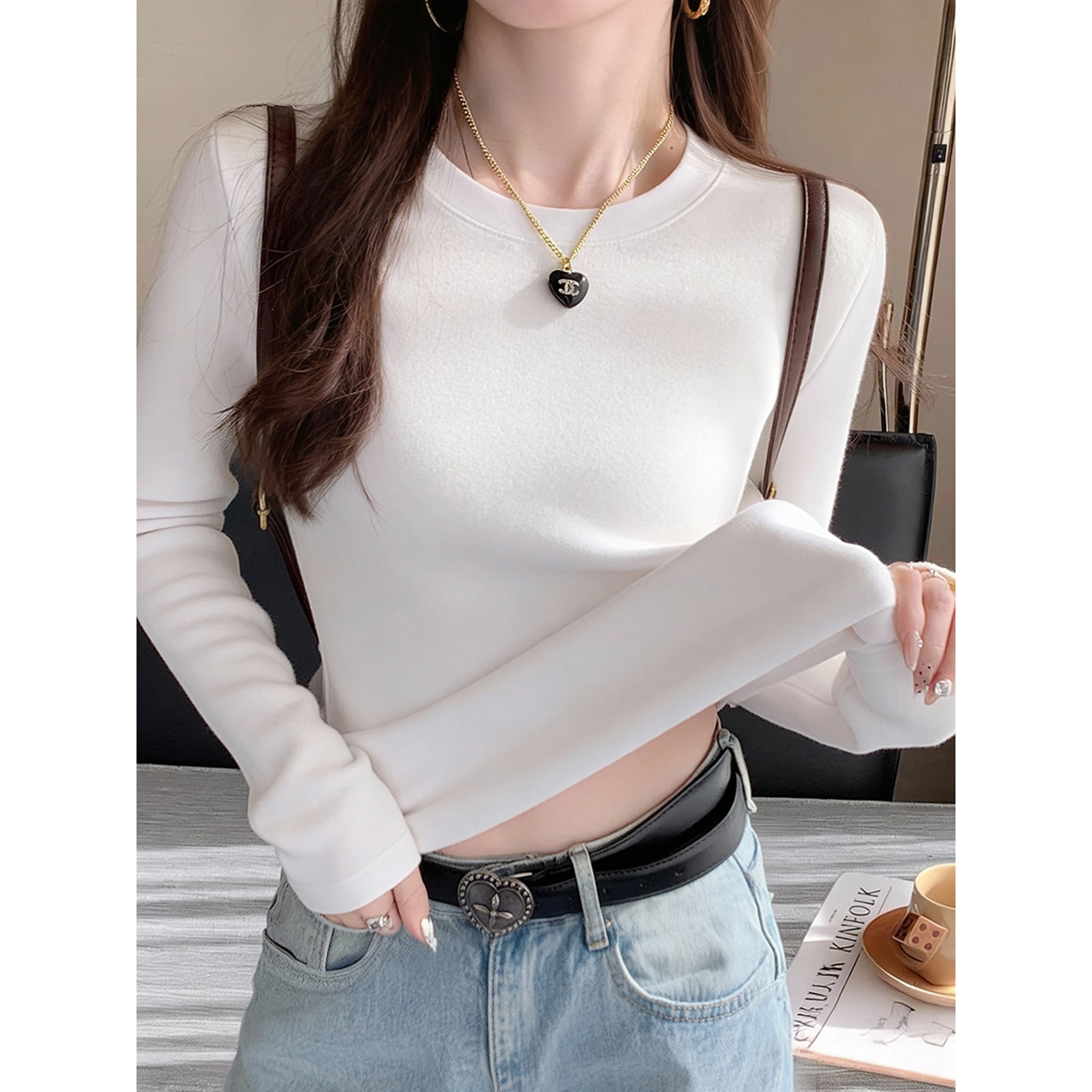 圆领德绒打底衫女内搭修身显瘦