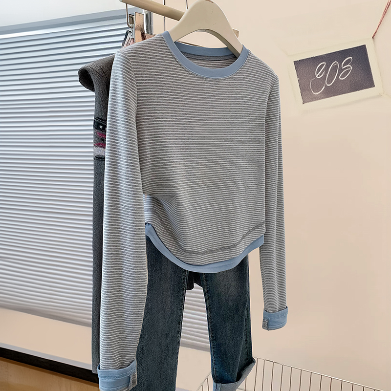 条纹正肩长袖t恤女2026新款