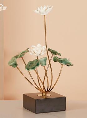 禅意新中式客厅家居玄关荷花莲花摆件酒柜电视柜工艺装饰品高级感