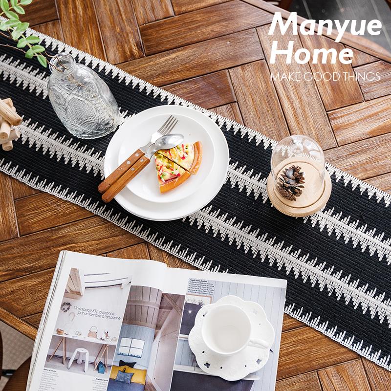 蔓越家 北欧复古赫本风棉麻桌旗餐垫派对装饰编织隔热桌垫长条