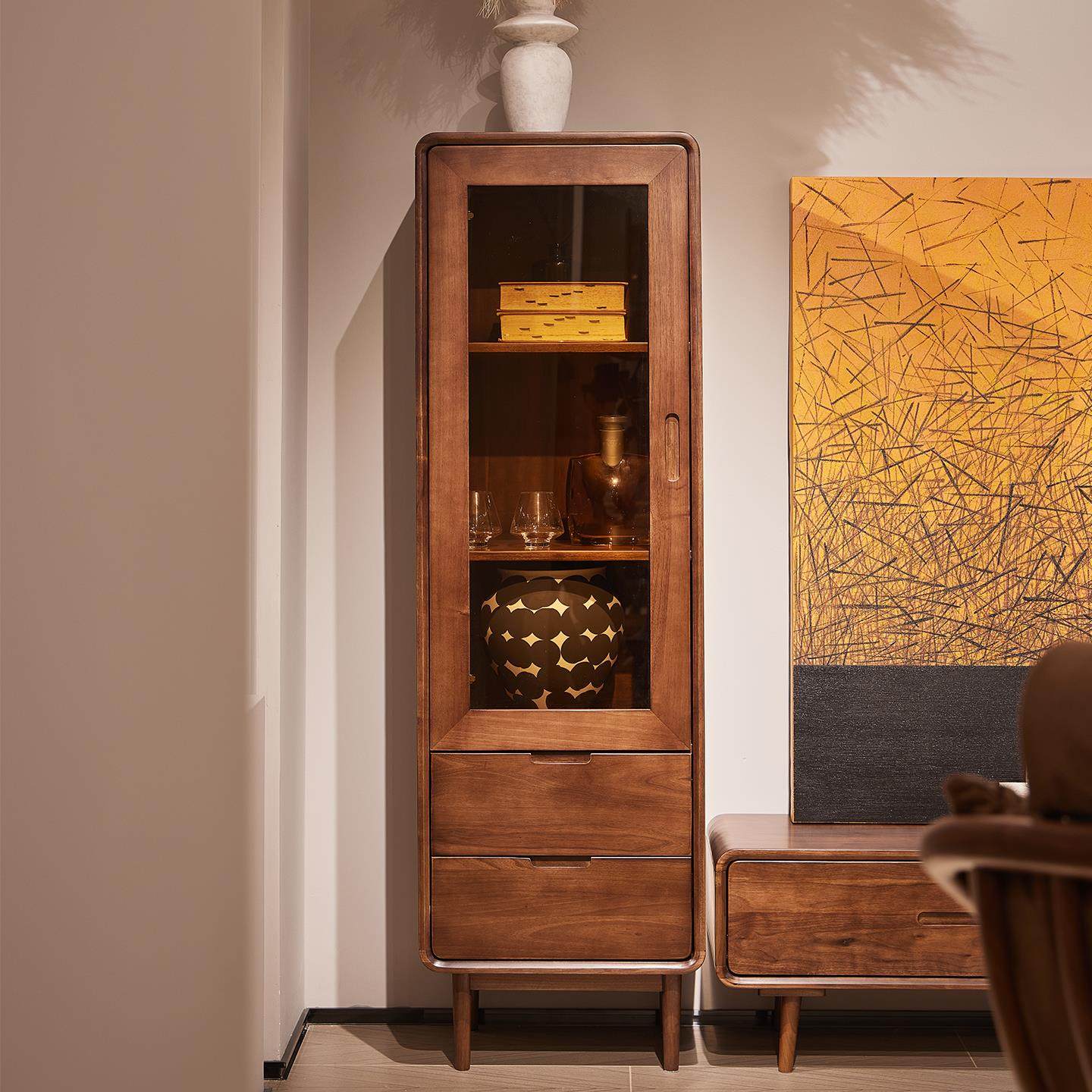 黑胡桃木全实木边柜小户型客厅家用展示书柜收纳柜餐柜玻璃酒柜