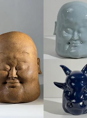 薛继业 匣钵土 陶瓷雕塑弥勒佛香器青牛香器桌面创意摆件艺术摆件