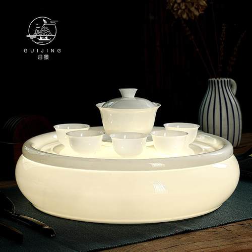 潮州骨瓷茶盘陶瓷茶船大号干泡盘圆形蓄水茶海家用高档商务茶室