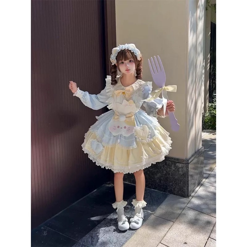 甜美可爱lolita裙爱心蕾丝连衣裙蝴蝶结猫咪背带围裙收腰两件套女