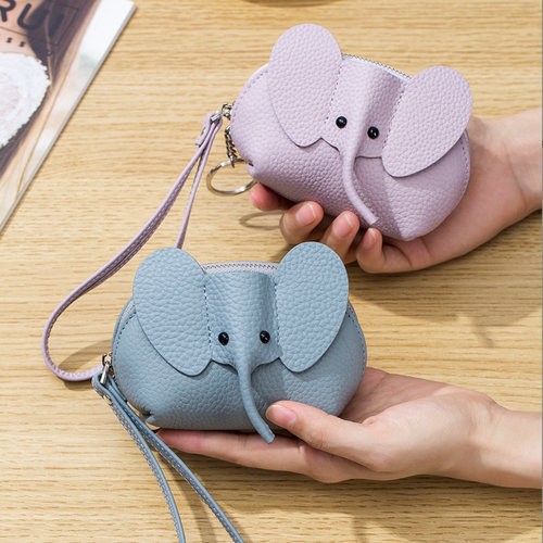 头层牛皮小象零钱包女钥匙包卡包真皮拉链手挽包口红收纳包ins潮