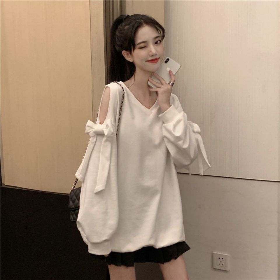 棉设计感蝴蝶结心机露肩上衣女春秋新款气质韩版宽松显瘦长袖卫衣