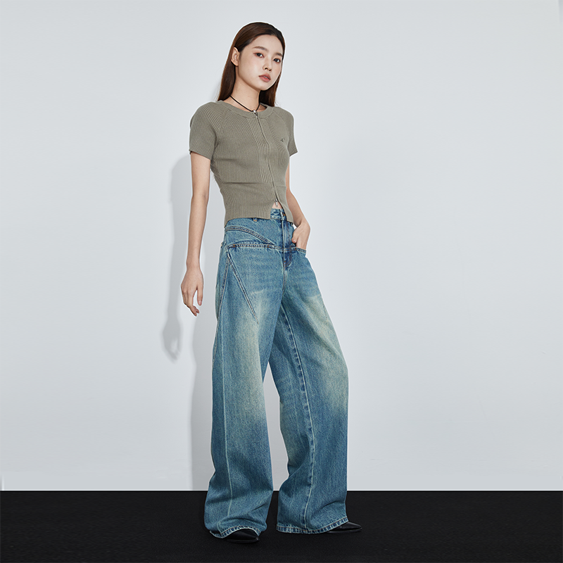 美式复古原创设计感做旧牛仔裤