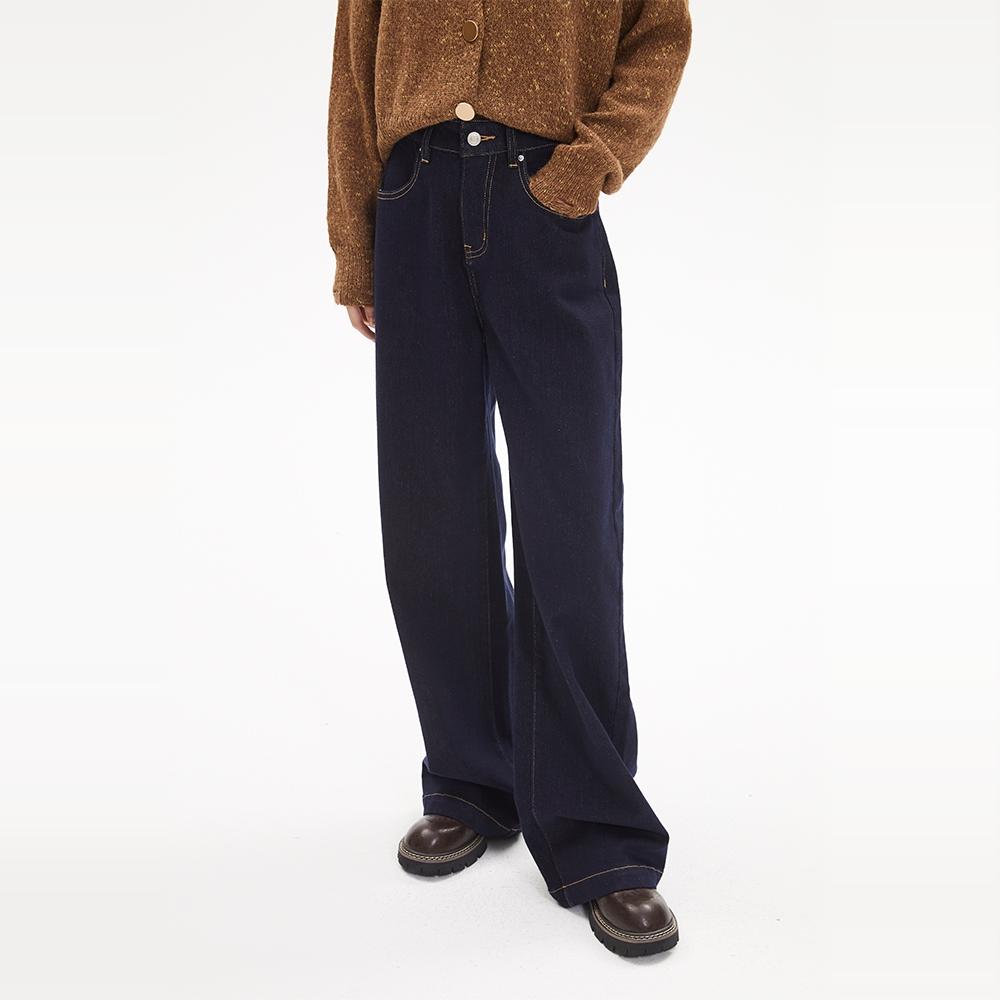 REMOULD 冬季原色丹宁加绒深蓝牛仔裤直筒显瘦窄版高街ins潮女裤