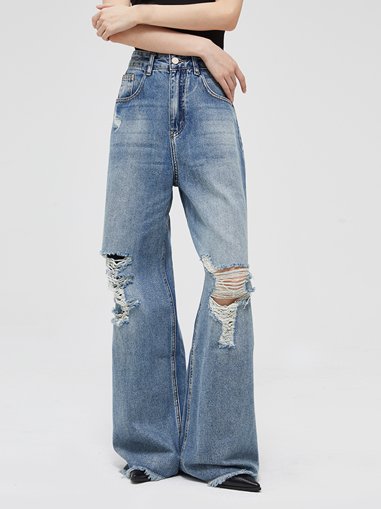 REMOULD 新款美式复古高腰宽松破洞毛边阔腿拖地裤直筒牛仔长裤女