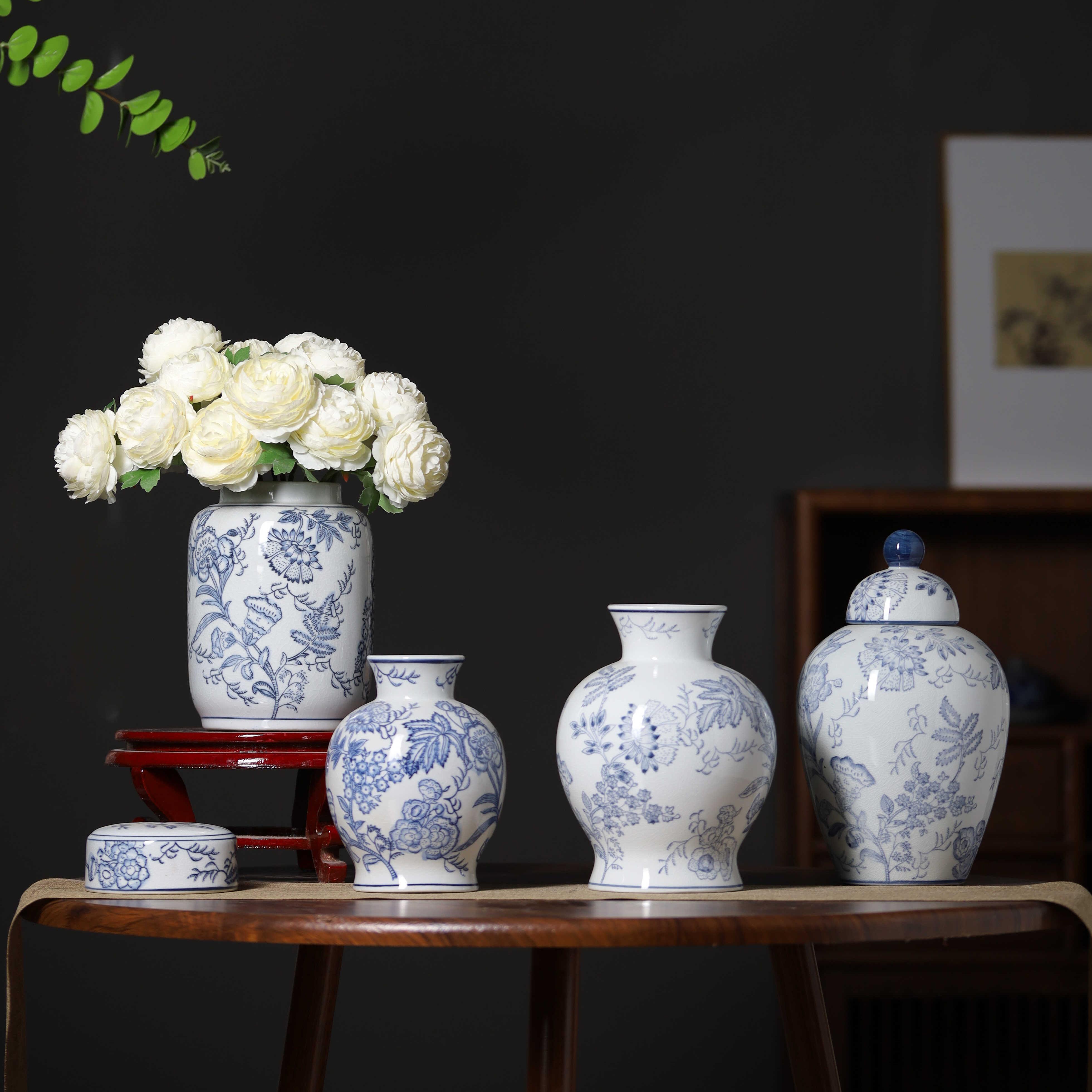 新中式青花瓷玄关花瓶摆件客厅陶瓷餐桌装饰花器茶室桌面水培摆设