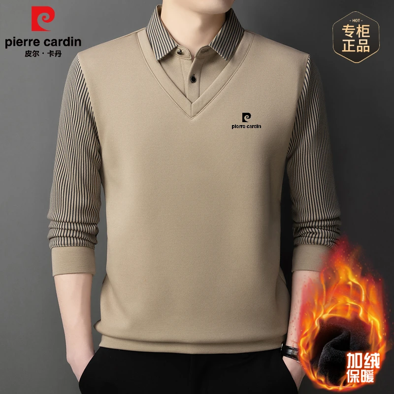 皮尔卡丹桑蚕丝中年男士春秋冬季长袖加绒加厚假两件保暖POLO衫男