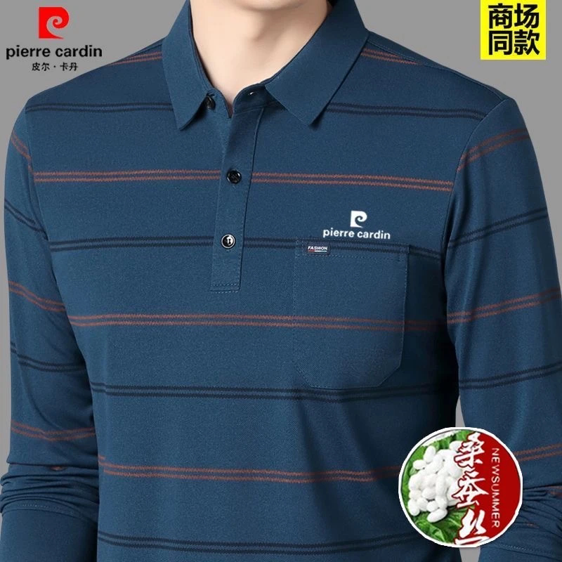 皮尔卡丹秋季新款桑蚕丝长袖T恤中年真口袋上衣条纹爸爸装POLO衫