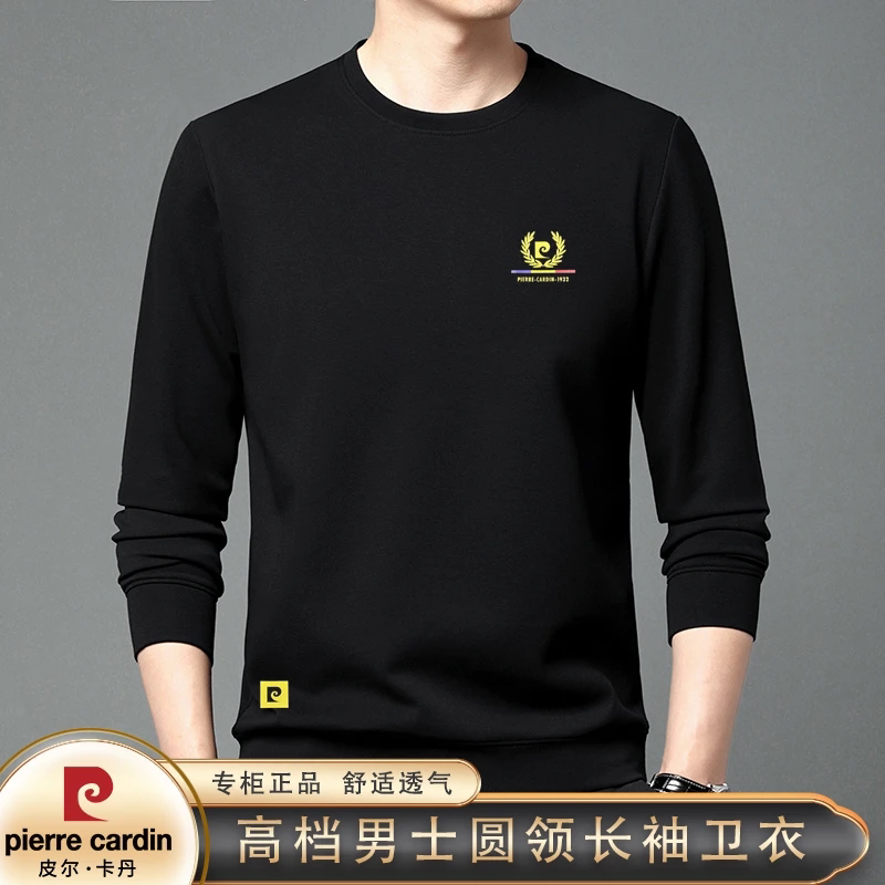 皮尔卡丹正品春季男士圆领长袖卫衣印花舒适透气中老年薄款上衣男