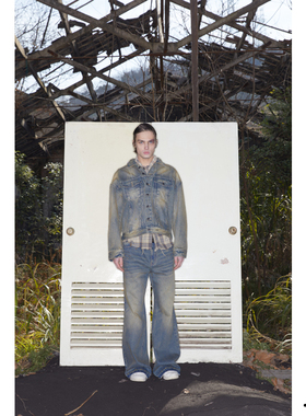 【PacShop】.pac 水洗蓝色做旧拼接土布落肩廓形破坏牛仔衣夹克