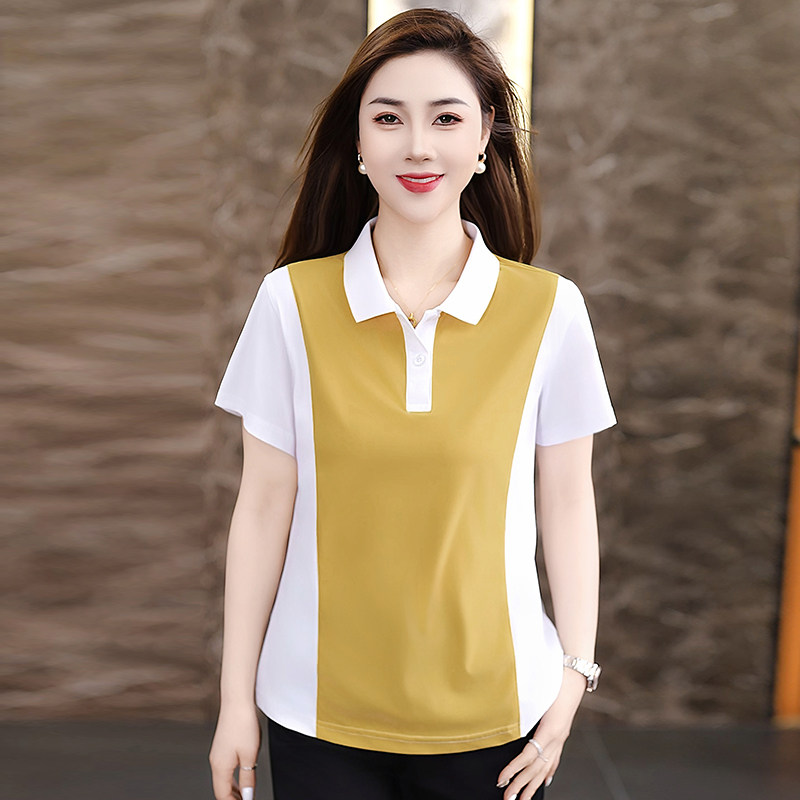 妈妈纯色POLO衫百搭显瘦上衣翻领大码冰丝短袖t恤女夏装时尚洋气