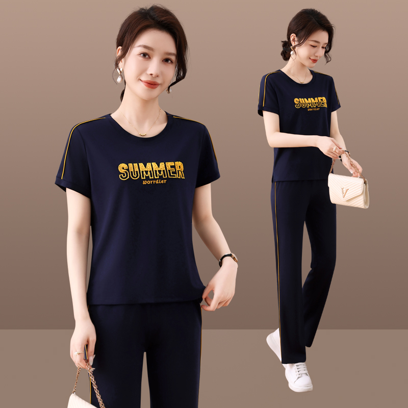 女士运动套装夏季2025新款休闲跑步服时尚洋气短袖时尚圆领两件套