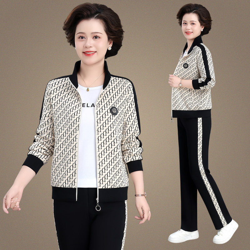 品牌妈妈春装运动服套装2025新款中老年女春秋外套休闲内搭三件套