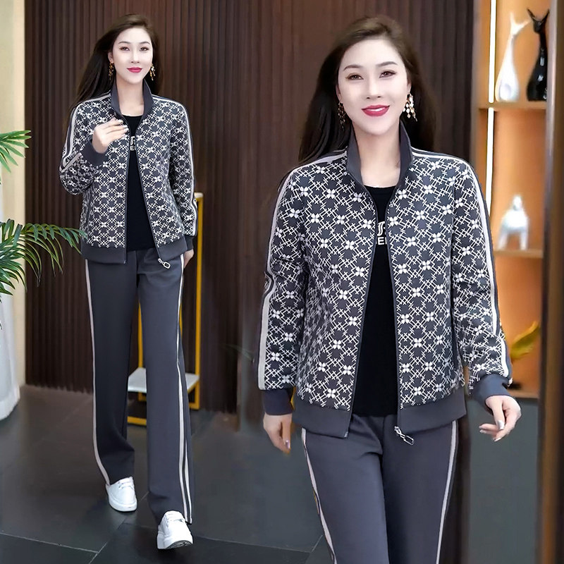 中年妈妈春装2025新款外套洋气中老年运动套装女春秋跑步服三件套
