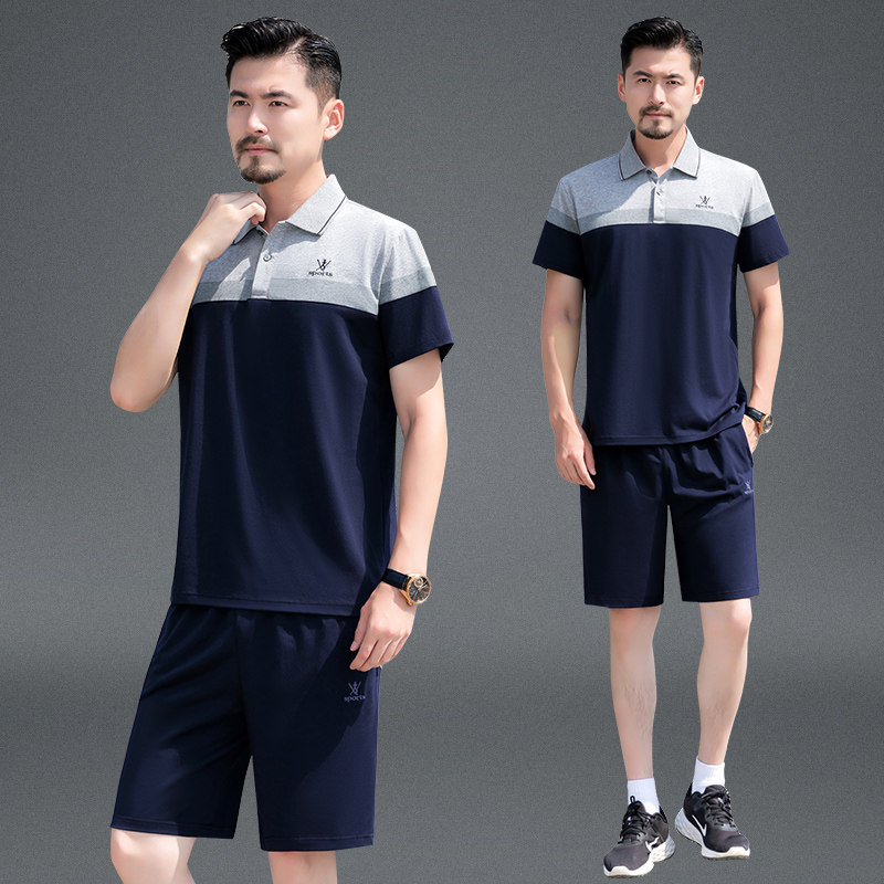 爸爸夏装套装时尚运动套装男中老年短袖t恤夏天速干中年休闲衣服