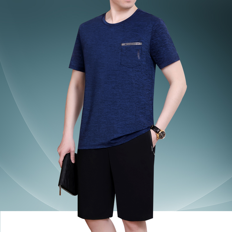 爸爸夏装套装圆领中年父亲节衣服冰丝速干短袖男中老年运动套装男