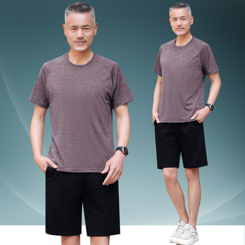 爸爸夏装套装男士夏季冰丝圆领短袖短裤t恤中老年人夏季运动衣服