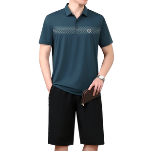 爸爸夏季冰丝套装中老年休闲运动服套装男士薄款父亲夏装短袖t恤