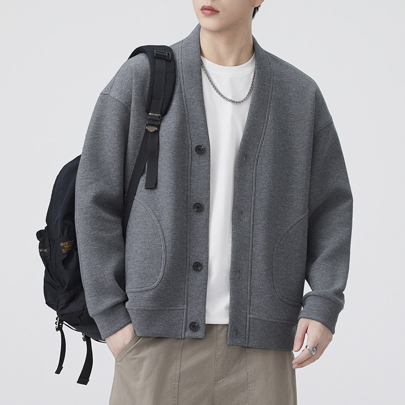 灰色美式复古开衫卫衣男款秋季华夫格cleanfit慵懒风针织短款外套