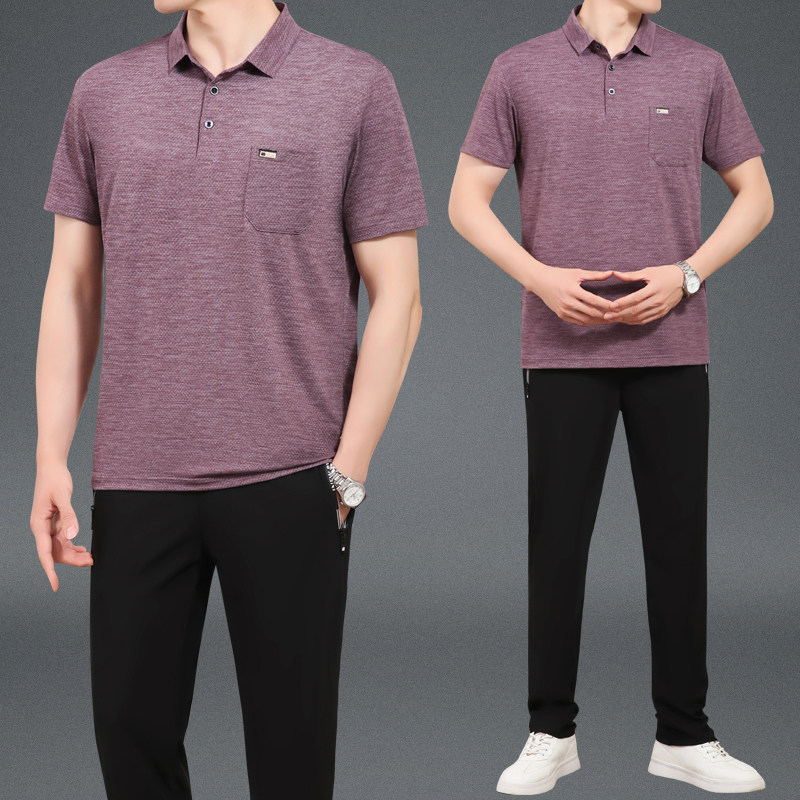 长裤薄款宽松中年男士夏季休闲运动服中老年爸爸夏装冰丝套装短袖